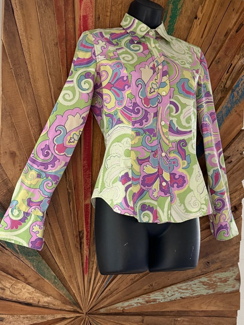 Etro fitted cotton purple/green paisley print blouse/shirt/top Sz XS